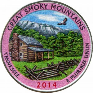 Quarter Dollar 2014 USA Great Smoky Mountain 21th National Park, colorized price, composition, diameter, thickness, mintage, orientation, video, authenticity, weight, Description