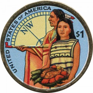 1 Dollar 2014 USA Sacagawea, Einheimische Gastfreundschaft, farbig