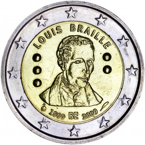 2 евро 2009, Бельгия, 200 лет со дня рождения Луи Брайля цена, стоимость