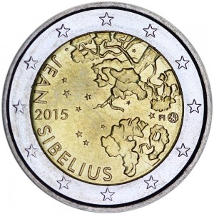 2 euro 2015 Finland. Jean Sibelius price, composition, diameter, thickness, mintage, orientation, video, authenticity, weight, Description