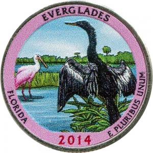 Quarter Dollar 2014 USA Everglades 25th National Park (colorized) price, composition, diameter, thickness, mintage, orientation, video, authenticity, weight, Description