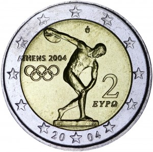 2 euro 2004, Greece,  Summer Olympic Games (iscus throw) price, composition, diameter, thickness, mintage, orientation, video, authenticity, weight, Description