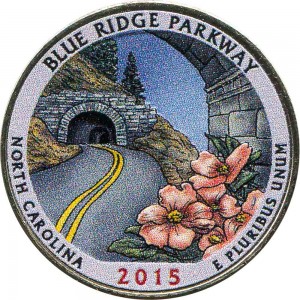 25 центов 2015 США Парковая дорога (Blue Ridge Parkway), 28-й парк (цветная) цена, стоимость