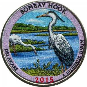Quarter Dollar 2015 USA Bombay Hook 29th National Park (colorized) price, composition, diameter, thickness, mintage, orientation, video, authenticity, weight, Description