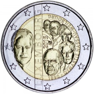 2 евро 2015 Люксембург, 125 лет династии цена, стоимость