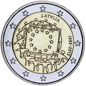 2 евро 2015 Латвия, 30 лет флагу ЕС цена, стоимость