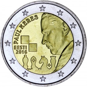 2 евро 2016 Эстония, Пауль Керес цена, стоимость