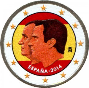 2 euro 2014 Spain Change of Throne (colorized) price, composition, diameter, thickness, mintage, orientation, video, authenticity, weight, Description