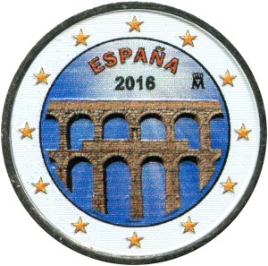 2 Euro 2016 Spanien Aquädukt von Segovia (farbig) Preis, Komposition, Durchmesser, Dicke, Auflage, Gleichachsigkeit, Video, Authentizitat, Gewicht, Beschreibung
