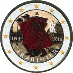 2 euro 2014 Italy 200th Anniversary of the Carabinieri (colorized) price, composition, diameter, thickness, mintage, orientation, video, authenticity, weight, Description