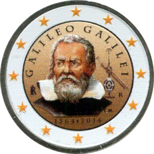 2 euro 2014 Italy. Galileo Galilei (colorized) price, composition, diameter, thickness, mintage, orientation, video, authenticity, weight, Description