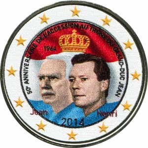 2 euro 2014 Luxembourg. Grand-Duke Jean (colorized) price, composition, diameter, thickness, mintage, orientation, video, authenticity, weight, Description