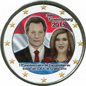 2 euro 2015 Luxembourg, 15th Anniversary of Grand Duke Henri Accession to the Throne (colorized) price, composition, diameter, thickness, mintage, orientation, video, authenticity, weight, Description