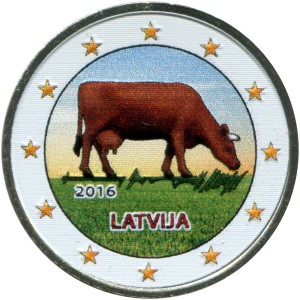2 Euro 2016 Lettland, Kuh (farbig) Preis, Komposition, Durchmesser, Dicke, Auflage, Gleichachsigkeit, Video, Authentizitat, Gewicht, Beschreibung