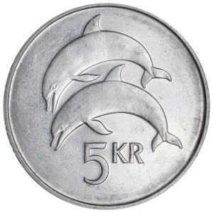 5 crowns 1996-2008 Iceland Dolphins, from circulation price, composition, diameter, thickness, mintage, orientation, video, authenticity, weight, Description