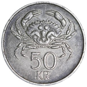 50 crowns 1987-2005 Iceland Crab, from circulation price, composition, diameter, thickness, mintage, orientation, video, authenticity, weight, Description