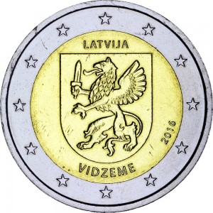 2 евро 2016 Латвия, Видземе цена, стоимость