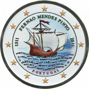 2 euro 2011, Portugal, Fernão Mendes Pinto (Fernam Mendez Pinto) (colorized) price, composition, diameter, thickness, mintage, orientation, video, authenticity, weight, Description