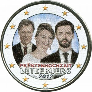 2 euro 2012 Luxembourg: Royal Wedding (colorized) price, composition, diameter, thickness, mintage, orientation, video, authenticity, weight, Description
