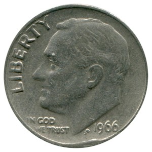 One dime 10 cents 1966 US Roosevelt, mint P price, composition, diameter, thickness, mintage, orientation, video, authenticity, weight, Description