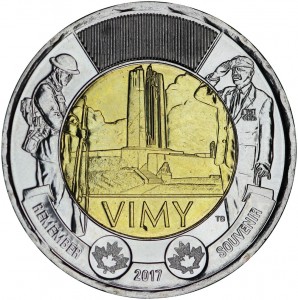 2 dollars 2017 Canada The Battle of Vimy Ridge price, composition, diameter, thickness, mintage, orientation, video, authenticity, weight, Description