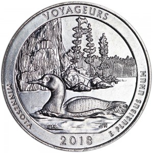 Quarter Dollar 2018 USA Voyageurs 43th National Park, mint mark P price, composition, diameter, thickness, mintage, orientation, video, authenticity, weight, Description