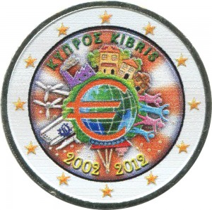 2 euro 2012 Gedenkmünze, 10 Jahre Euro, Zypern (farbig)