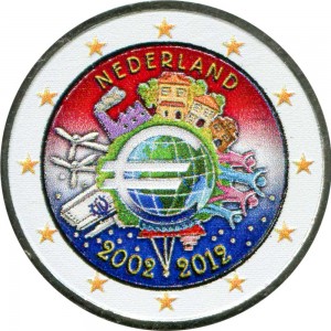 2 euro 2012 Gedenkmünze, 10 Jahre Euro, Niederlande (farbig)