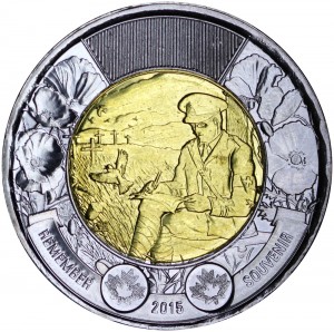 2 dollars 2015 Canada 100 years poem In Flanders Fields price, composition, diameter, thickness, mintage, orientation, video, authenticity, weight, Description