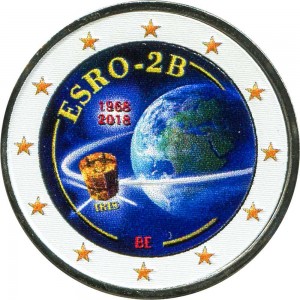 2 евро 2018 Бельгия, 50 лет запуску первого европейского спутника (цветная)