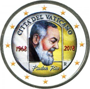 2 euro 2018 Vatican, 50th anniversary of the death of Padre Pio (colorized) price, composition, diameter, thickness, mintage, orientation, video, authenticity, weight, Description