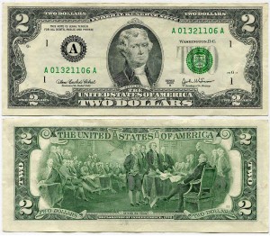 2 доллара 2003 США (A - Бостон), банкнота, из обращения