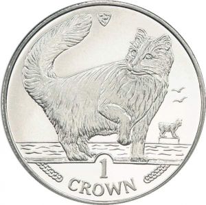 1 crown 1991 Isle of Man Norwegian Forest cat price, composition, diameter, thickness, mintage, orientation, video, authenticity, weight, Description