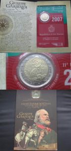 2 евро 2007 Сан Марино, 200-летие со дня рождения Джузеппе Гарибальди - народного героя Италии, монета в буклете цена, стоимость