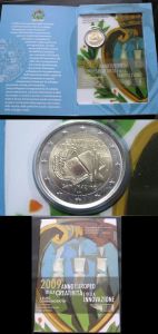 2 euro 2009 San Marino European Year of Creativity and Innovation, in the booklet price, composition, diameter, thickness, mintage, orientation, video, authenticity, weight, Description