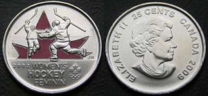 25 центов 2009 Канада, доп. выпуск:Женский хоккей, цветная монета цена, стоимость