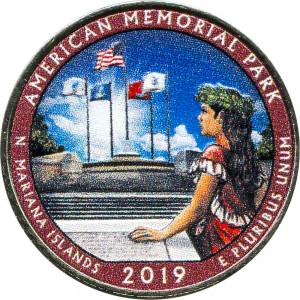 25 cents Quarter Dollar 2019 USA American Memorial Park 47th Park (colorized)