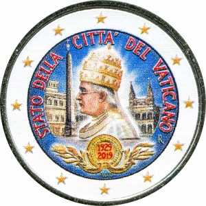 2 euro 2019 Vatican, 90th Anniversary of the Foundation of the Vatican City State (colorized) price, composition, diameter, thickness, mintage, orientation, video, authenticity, weight, Description
