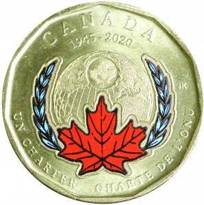 1 dollar 2020 Canada 75 years of the United Nations, color price, composition, diameter, thickness, mintage, orientation, video, authenticity, weight, Description