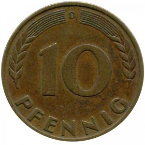10 pfennig 1950 Germany D price, composition, diameter, thickness, mintage, orientation, video, authenticity, weight, Description