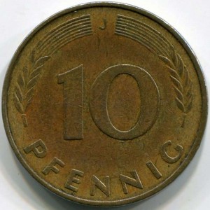 10 пфеннигов 1977 Германия J цена, стоимость