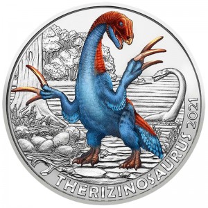 3 euro 2021 Austria Therizinosaurus price, composition, diameter, thickness, mintage, orientation, video, authenticity, weight, Description