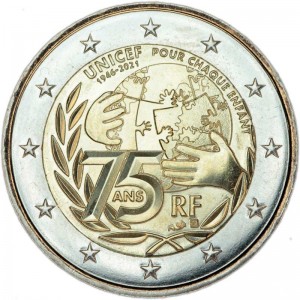 2 Euro 2021 France, 75 years of UNICEF price, composition, diameter, thickness, mintage, orientation, video, authenticity, weight, Description