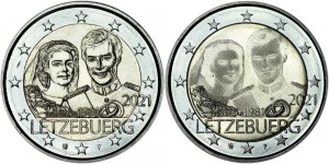 2 euro set 2021 Luxembourg, 40th anniversary of the marriage of the Grand Duke, 2 coins price, composition, diameter, thickness, mintage, orientation, video, authenticity, weight, Description