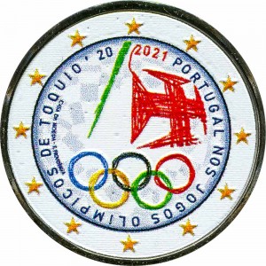 2 euro 2021 Portugal, Olympic Games in Tokyo (colorized) price, composition, diameter, thickness, mintage, orientation, video, authenticity, weight, Description
