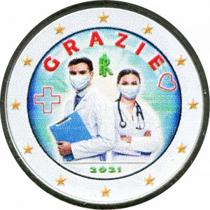 2 euro 2021 Italy, Thank you medics (colorized) price, composition, diameter, thickness, mintage, orientation, video, authenticity, weight, Description