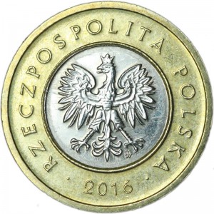 2 zlotys 2016 Poland price, composition, diameter, thickness, mintage, orientation, video, authenticity, weight, Description