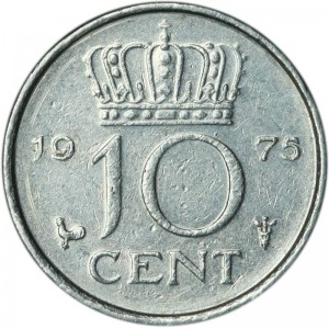 10 cents 1975 Netherlands price, composition, diameter, thickness, mintage, orientation, video, authenticity, weight, Description