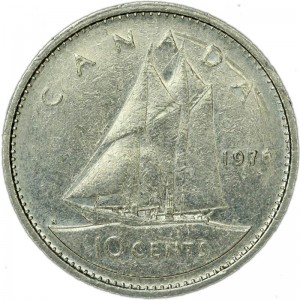 10 cents 1976 Canada price, composition, diameter, thickness, mintage, orientation, video, authenticity, weight, Description