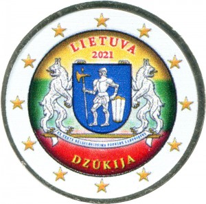 2 euro 2021 Lithuania, Dzūkija (colorized) price, composition, diameter, thickness, mintage, orientation, video, authenticity, weight, Description